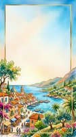Watercolor Mediterranean coastal town with boats, colorful buildings, and lush greenery, framed by a gold border with copy space for text.