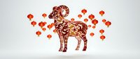 Decorative goat silhouette filled with intricate gold filigree patterns surrounded by red ornamental spheres on white background, isolated design element for festive graphics and holiday projects.