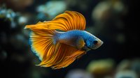 Vibrant orange and blue betta fish swimming gracefully with flowing fins against dark aquarium background, showcasing elegant movement and striking colors.