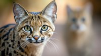 Closeup of a wild cat with spotted coat and alert green eyes staring directly at camera, suitable for wildlife and nature content.