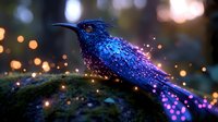 Vibrant blue hummingbird with iridescent feathers perched on moss-covered branch surrounded by magical bokeh lights and sparkling particles at night.