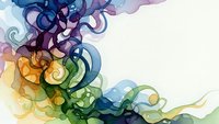 Abstract colorful smoke swirls in blue purple green yellow creating flowing organic shapes on white background for creative design projects.