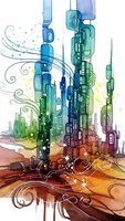 Futuristic cityscape watercolor with colorful skyscrapers and decorative swirls on white background for modern design projects.