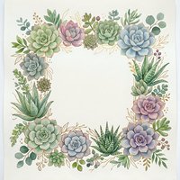 Watercolor succulent frame with green and purple plants, eucalyptus leaves creating decorative border on white background for wedding invitations.