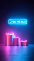 Glowing neon Cyber Monday sign with pink gift boxes arranged in descending size order on reflective surface against purple and blue gradient background.