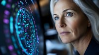 Middle-aged Caucasian businesswoman analyzing futuristic holographic data visualization in modern tech office environment for digital transformation.