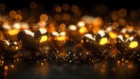Glowing golden hearts with magical bokeh lights and sparkles on dark background create romantic atmosphere for Valentine's Day designs and celebrations.