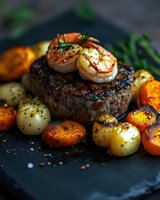 Seared beef steak topped with scallops, roasted root vegetables and fresh rosemary on dark slate plate for fine dining and gourmet restaurant menus.