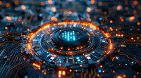 Futuristic circuit board with glowing orange and blue lights forming a circular pattern, representing advanced technology and digital innovation.