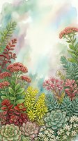 Watercolor botanical frame with succulents and wildflowers on pastel background for wedding invitations, greeting cards and floral design projects.