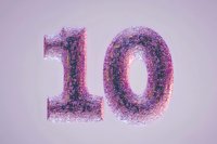 Glittery number ten in pink and purple tones with grainy texture effect on soft lilac background, creating dreamy retro aesthetic for anniversary designs.