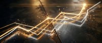 Golden upward trending arrow with glowing light effects on dark background, representing financial growth, stock market success, and business profit increase.