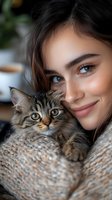 Young woman cuddling adorable tabby kitten at home, showing love and affection between pet owner and cat in cozy indoor setting for lifestyle content.