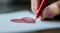 Hand drawing heart shape with red pen on white paper, close-up view showing artistic expression and romantic gesture in soft natural lighting.