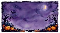 Halloween night scene with pumpkins, bats and spooky trees under purple starry sky with crescent moon for seasonal decorations and party invitations.