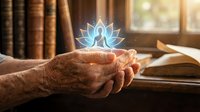 Elderly hands holding glowing lotus flower symbol in warm library setting with books and natural light for meditation and spiritual wellness concepts.