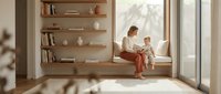 Mother and daughter reading book together on window seat in modern minimalist living room with floating shelves and natural light streaming through large windows.