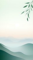 Minimalist mountain landscape with green rolling hills and gentle leaf branch in corner against soft pastel sky, creating serene natural backdrop.