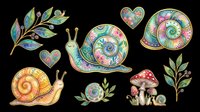 Ornamental snails with decorative spiral shells, hearts, mushrooms, and botanical leaf elements in vibrant colors. Isolated on transparent background, ready for t-shirts, stickers, clipart, sublimation, and print-on-demand designs.