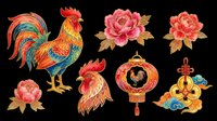 Rooster and peony flowers isolated on transparent background, ready for t-shirt design, clipart, stickers, sublimation, and print-on-demand projects.