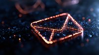 Glowing orange neon email envelope icon on dark background with bokeh effect and sparkles, modern digital communication concept for business design.