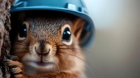 Curious red squirrel wearing blue safety helmet peeks from behind tree trunk, showcasing playful expression and whiskers in close-up macro photography.