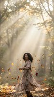 Young woman with curly dark hair and medium skin tone wearing a floral dress, twirling among falling autumn leaves in a sunlit forest tunnel with golden light rays filtering through trees.