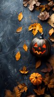 Glowing jack o'lantern with carved face and small orange pumpkin surrounded by autumn maple leaves on dark textured background, seasonal Halloween composition.