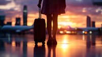 Woman with suitcase standing at airport terminal during dramatic sunset, silhouette against large windows with city skyline and orange sky in background.