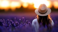 Woman in hat enjoying sunset in purple lavender field during golden hour creating peaceful summer evening atmosphere.