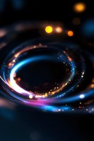 Glowing spiral light trail with blue and purple neon effects on dark background, abstract cosmic energy swirl with bokeh particles and luminous motion blur.