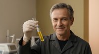 Mature Caucasian male scientist in lab coat holding test tube with yellow liquid sample, smiling confidently in modern laboratory setting for research.