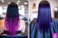 Long straight hair colored in vibrant purple and blue ombre style shown from back view in salon setting, demonstrating professional hair coloring technique and trends.