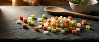 Colorful diced vegetables including carrots, celery, and onions arranged on dark slate surface for cooking preparation and culinary ingredients display.