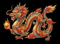 Ornate golden dragon with flowing mane, intricate red and green details, isolated on transparent background. Ready for t-shirt design, clipart, stickers, sublimation, and print-on-demand products.