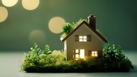 Miniature glowing house model on moss with warm light in windows against dark green background with bokeh lights creating magical atmosphere.