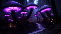 Glowing purple mushrooms illuminate dark forest path with magical bioluminescent light, creating mystical woodland atmosphere for fantasy and fairytale designs.