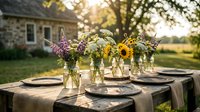 Rustic outdoor dinner table setting with wildflower centerpieces in glass vases during golden hour sunset creating warm atmospheric dining experience.