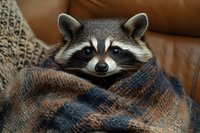 Curious raccoon wrapped in cozy knit blanket, sitting on brown leather couch. Wildlife portrait for home decor, nature lovers, and animal-themed designs.