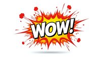 Comic book explosion bubble with wow text in bold letters surrounded by red orange yellow burst effects and action lines on white background for graphic design.