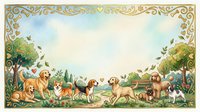 Watercolor dogs in a park scene framed by gold ornamental border with hearts and paw prints, copy space in center for text.