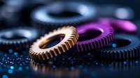 Metallic and purple gears on dark background with blue light spots. Industrial machinery parts macro photography showing mechanical engineering details.