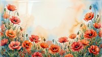 Watercolor poppy flowers border frame with soft pastel background, botanical floral design for spring summer greeting cards and decorative projects.