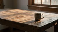 Steaming mug of coffee sits on rustic wooden table bathed in warm sunlight streaming through window, creating peaceful morning atmosphere for beverage and lifestyle content.