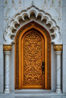 Ornate wooden door with intricate Islamic arabesque carving pattern, framed by scalloped marble archway and decorative columns in traditional Middle Eastern style.