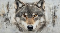 Gray wolf portrait with intense amber eyes against textured abstract background, close up view of wild predator face showing detailed fur and distinctive features.