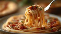 Delicious spaghetti with rich tomato sauce and herbs twirled on fork, ready to eat. Traditional pasta dish for restaurant menus and food blogs.