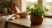 Fresh green mint plant in terracotta pot on wooden kitchen counter with warm sunlight streaming through window creating cozy cooking atmosphere.