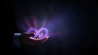Open hand holding glowing neon heart symbol with purple light energy, representing love, care, and connection for healthcare and wellness concepts.