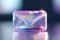 Crystal glass envelope icon glowing with pink and blue neon lights on blurred background, modern communication concept for digital mail services.